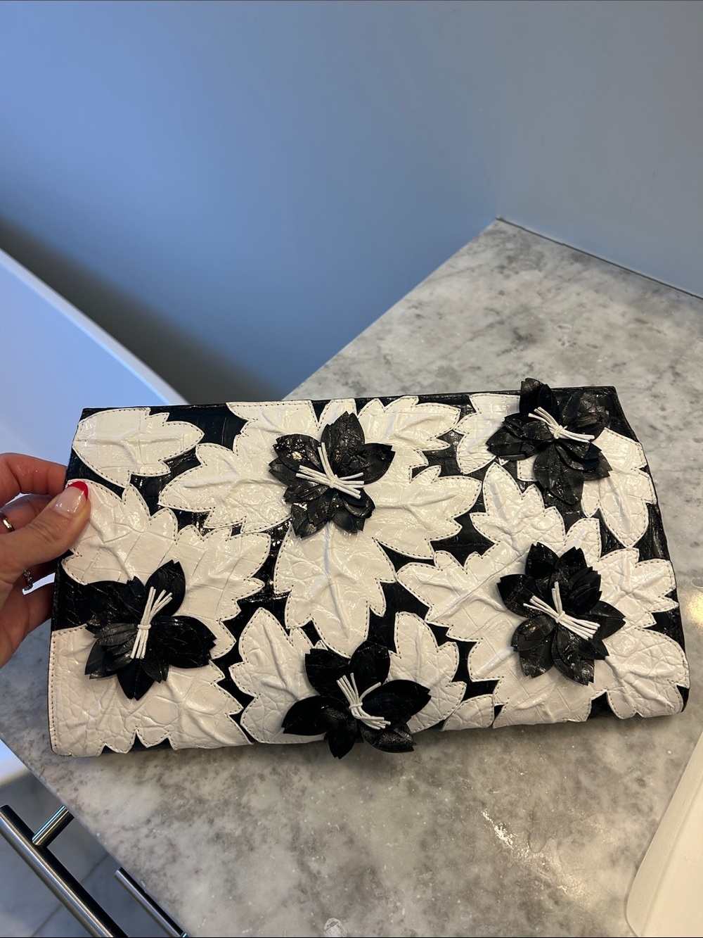 Nancy Gonzalez Black & White Floral Appliqué Clutch